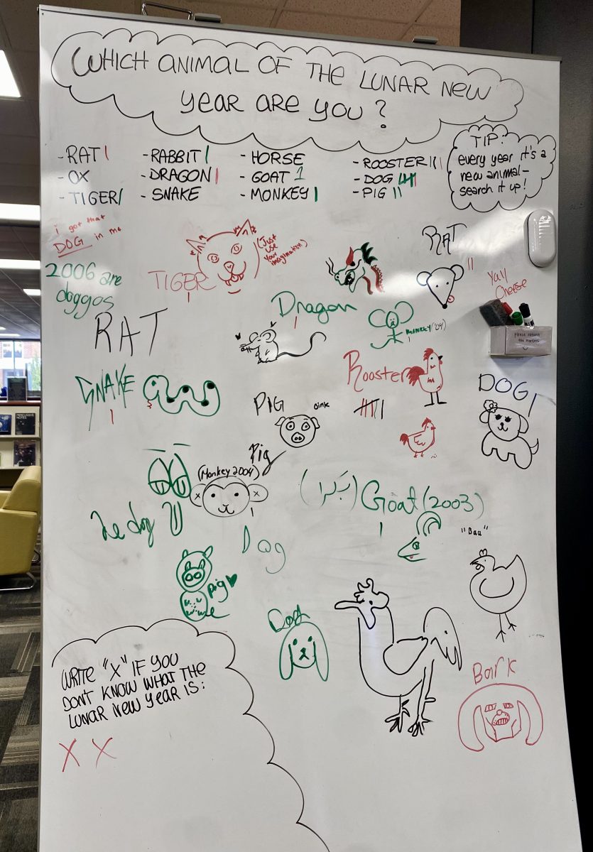 Whiteboard in the library collecting data over the demographics of students on campus regarding their animal in the Lunar New Year. PN Photo/Michela Gritti